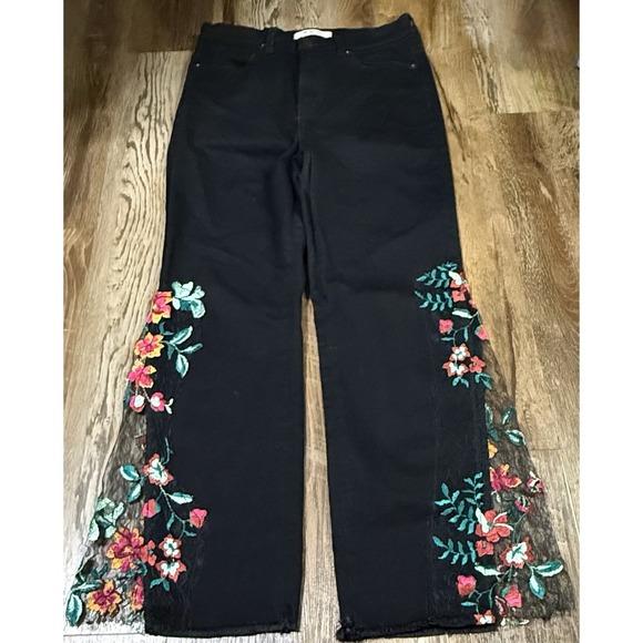 Free People Denim - Free People black embroidered lace flare jeans Sz 28 Floral Mixed Media